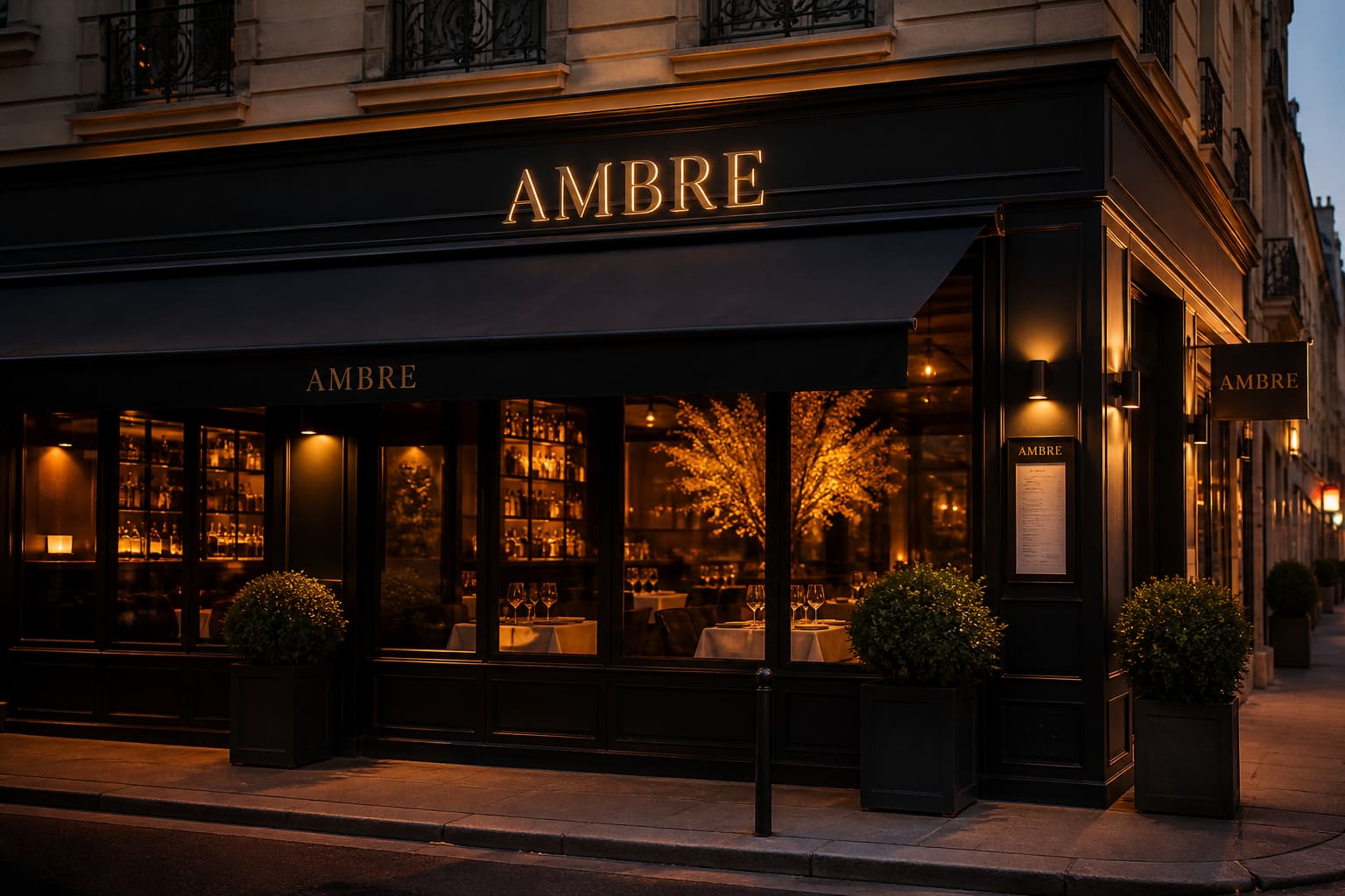 Façade du restaurant AMBRE au crépuscule